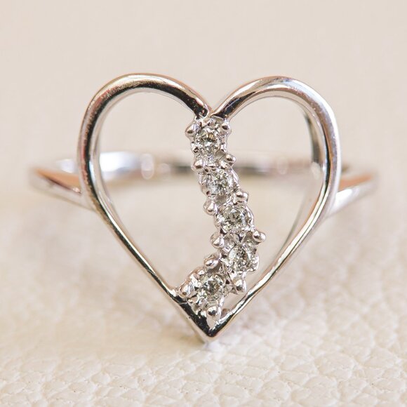 10k White Gold Open Heart Diamond Ring, Size 6.75 - Picture 16 of 16